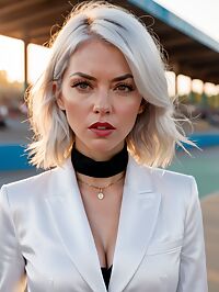A stunning silver haired woman with large breasts wears a white suit at dawn