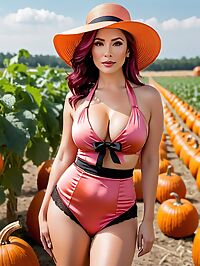 A 41 year old woman with burgundy hair and brown eyes in a pink halter dress