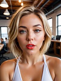 A petite woman with dirty blonde hair and large hazel eyes stands startled in a white swimsuit at work